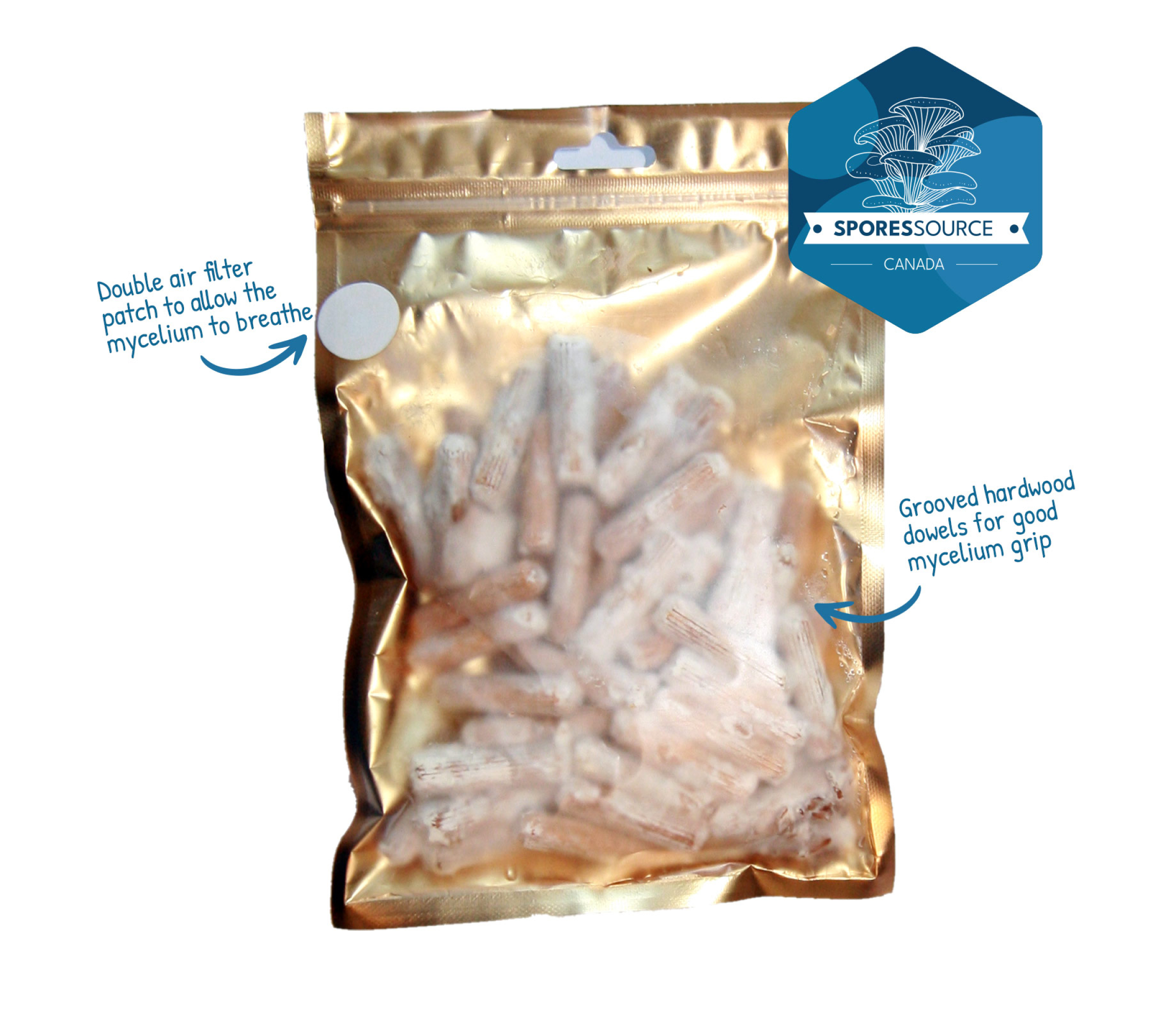 Mushroom plugs in a sealed bag