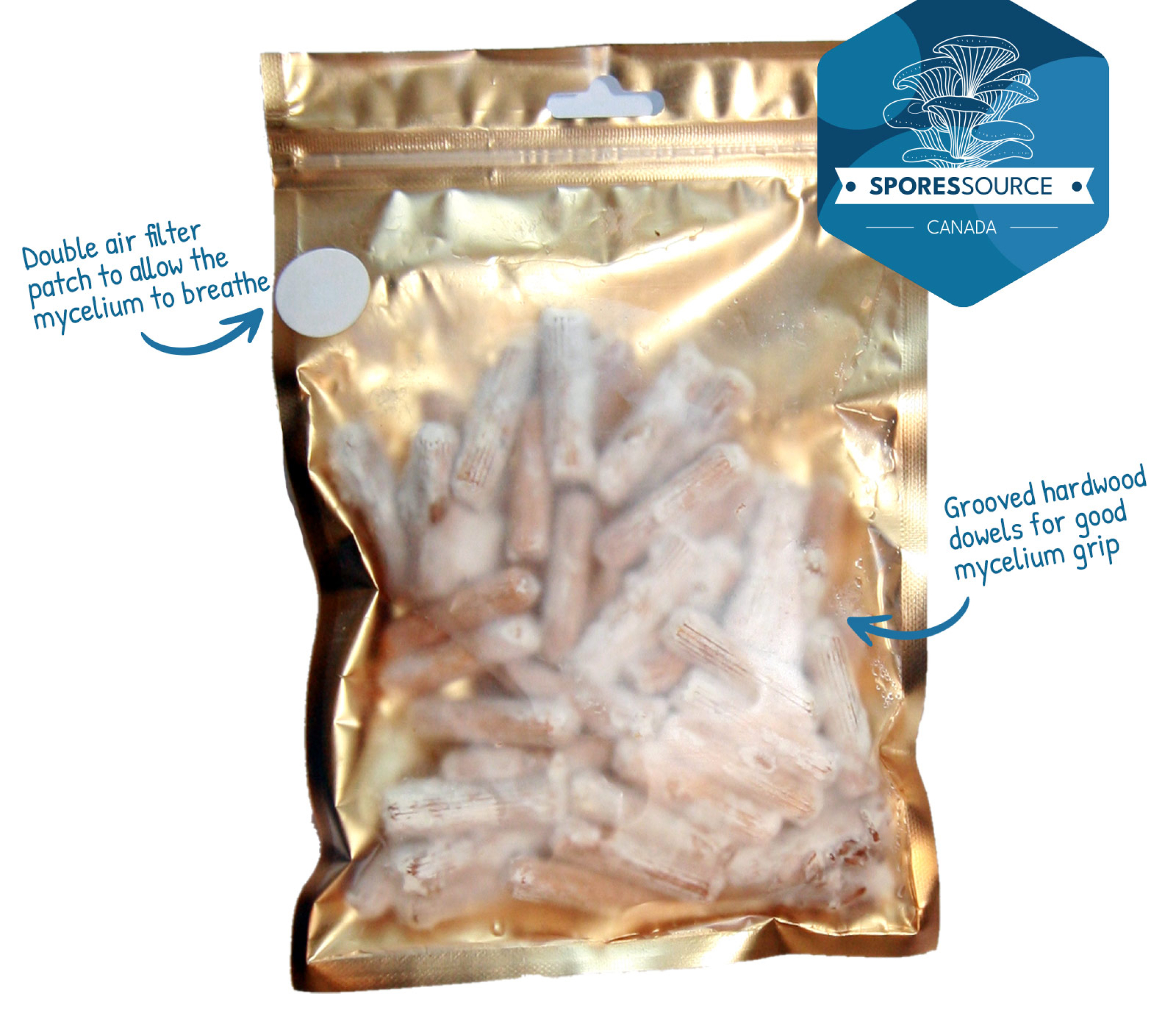 Mushroom plugs in a sealed bag